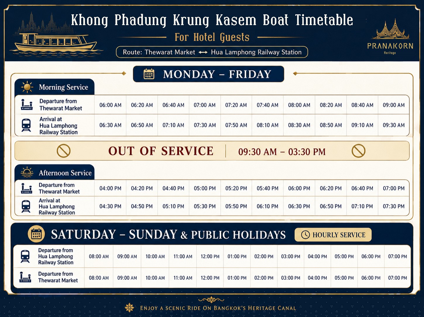 Khlong Phadung Krung Kasem EV Boat timetable for hotel guests