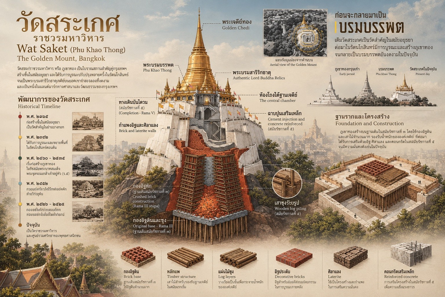 Infographic of Wat Saket and the Golden Mount: history timeline, chedi and foundation structure