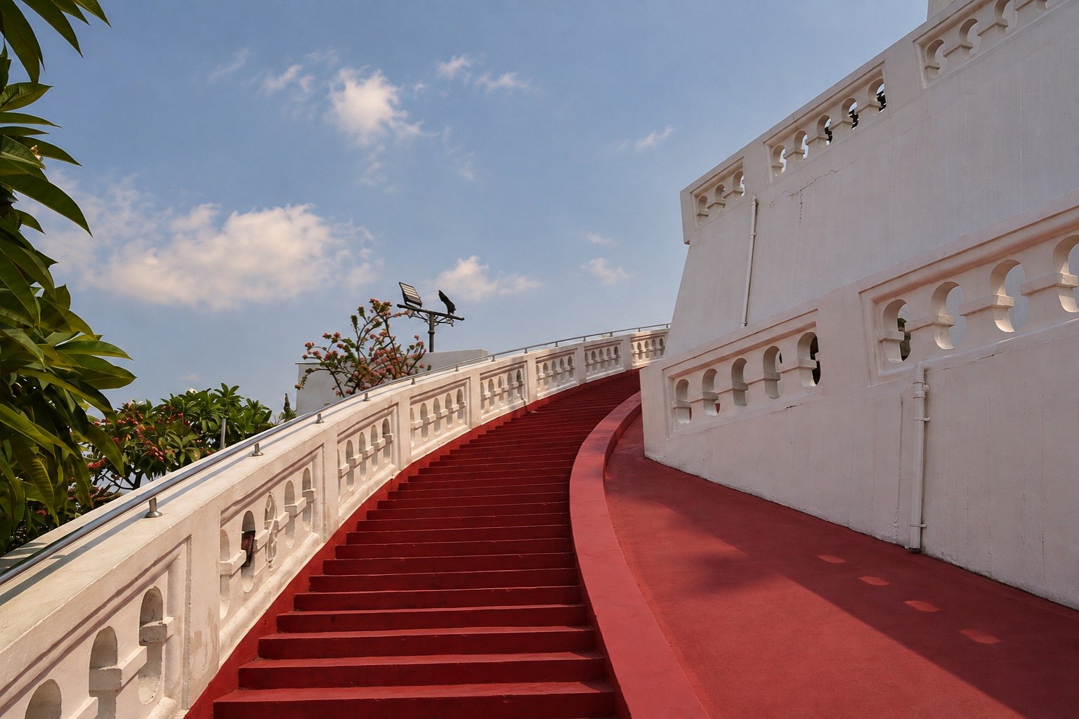 Red staircase winding around the Golden Mount, Bangkok