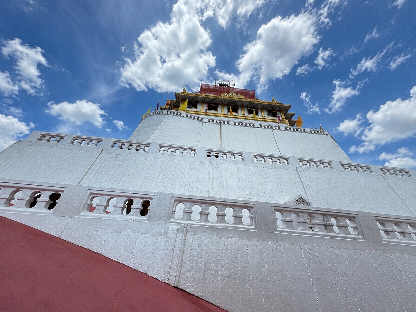Looking up at the summit of the Golden Mount where the Buddha relics are enshrined