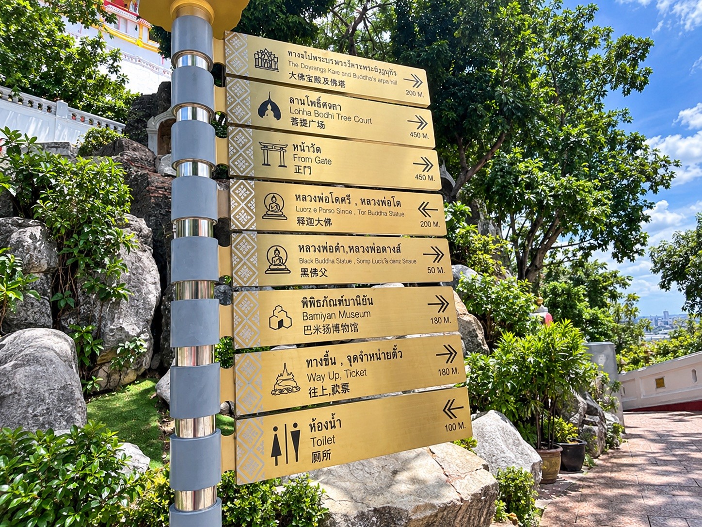 Signpost at Wat Saket showing the way up to the Golden Mount, ticket point and temple facilities